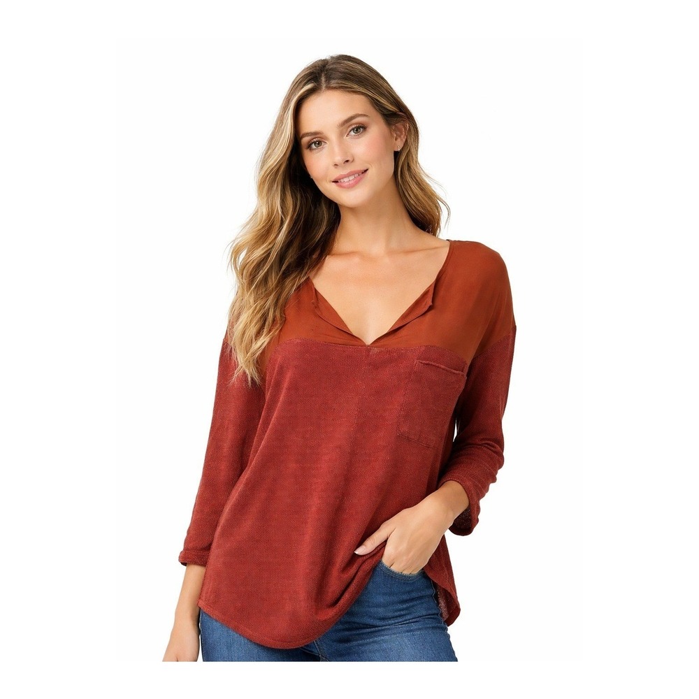 Anthropologie‎ Blouse Size XS Burnt Orange Linen Tunic Faux Pocket V Neck Modern